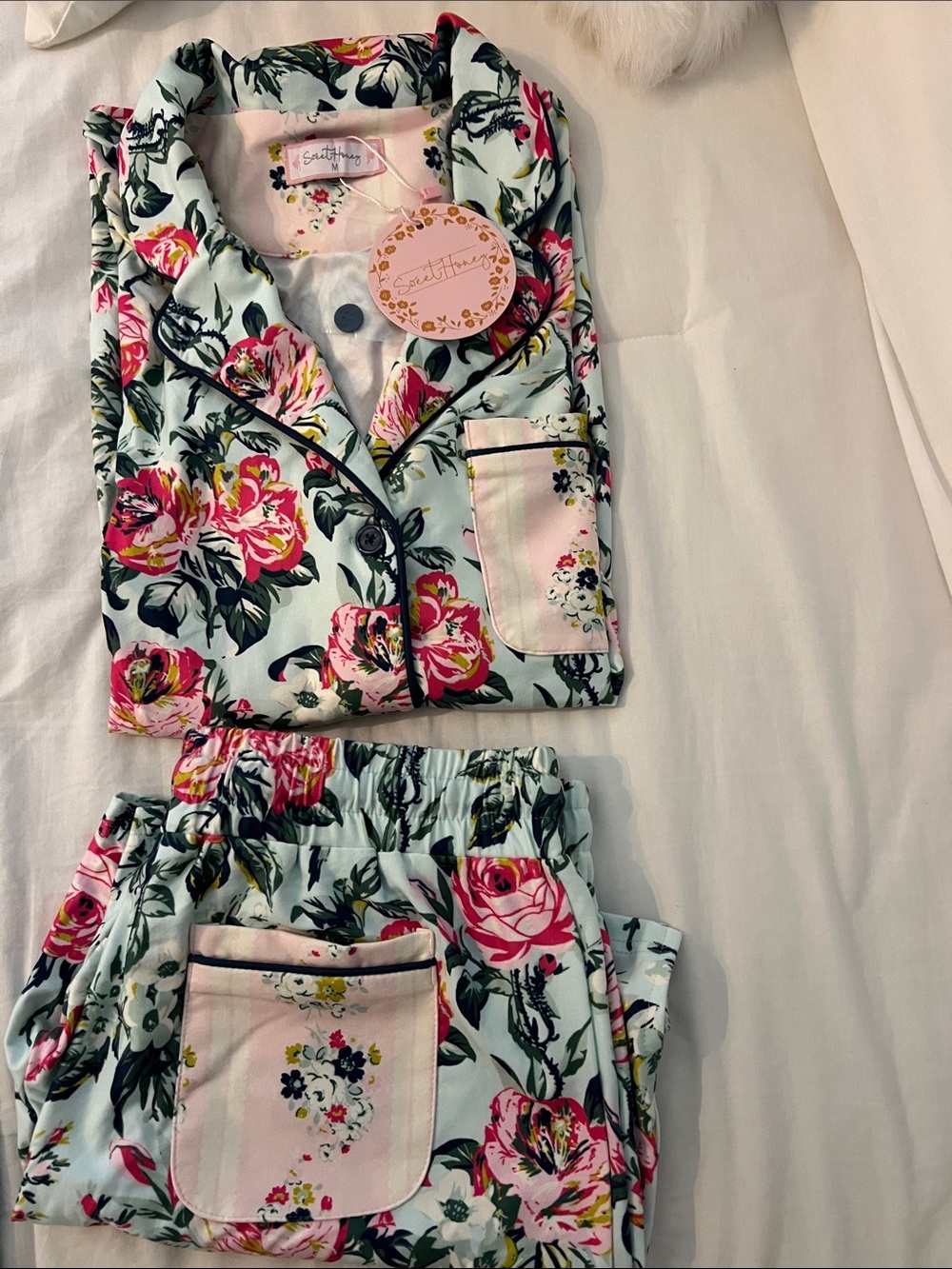 SweetHoney Floral Short Pajama Set in Mint, Pink & Black Trim